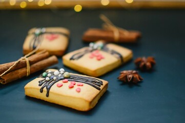 Baked cookies with chocolate designs