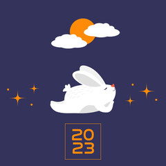 Obraz na płótnie Canvas Lying white rabbit. Moon, stars, magic. Chinese new year 2023 - year of the rabbit. Vector illustration