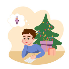 Little boy writing a Christmas wish list letter for Santa Claus. Vector cartoon illustration
