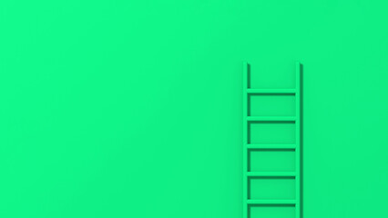 green staircase on green background. Staircase stands vertically near wall. Way to success concept. Horizontal image. Banner for insertion into site. 3d image. 3D rendering.