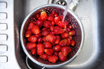 Freshly picked bright strawberries are washed in a metal colander in a old sink.