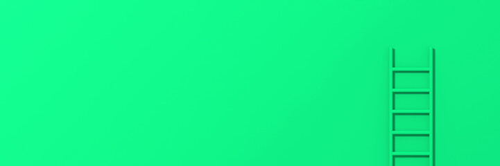 green staircase on green background. Staircase stands vertically near wall. Way to success concept. Horizontal image. Banner for insertion into site. 3d image. 3D rendering.