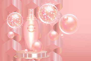 Beauty product ad design, a pink cosmetic container with holiday concept advertising background ready to use, luxury skincare banner, illustration vector.