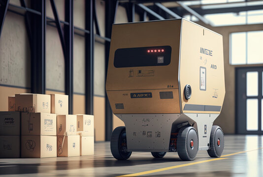 Concept for an automated warehouse with a delivery robot holding a carton box. Generative AI