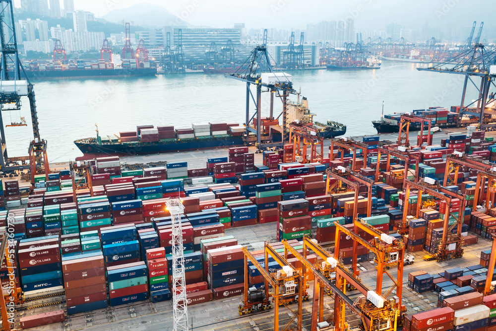 Wall mural container ship in the harbor