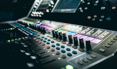 Sound control music mixer in record studio. Close up mixer and equalizer volume on the mixer amplifier. Digital audio system - obrazy, fototapety, plakaty