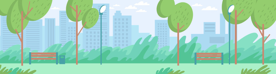 A city park with a path, benches, trees, lanterns and bushes. Trees on the background of the city with large houses. Horizontal banner. A green park area in the center of a big city. Flat style vector