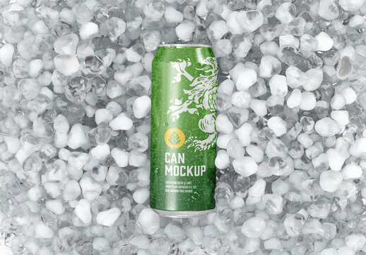 Glossy Metallic Can with Ice and Drops Mockup