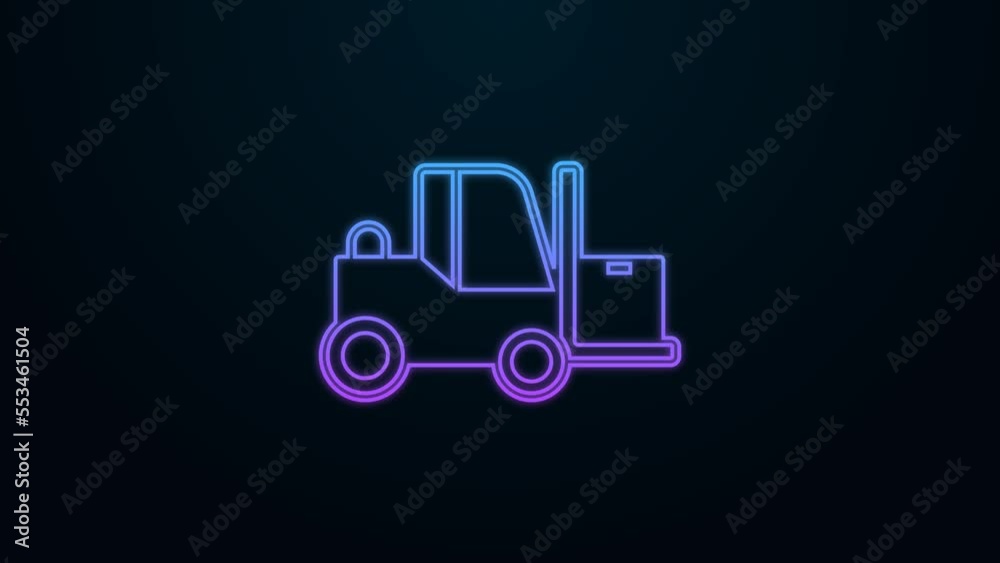 Poster glowing neon line forklift truck icon isolated on black background. fork loader and cardboard box. c