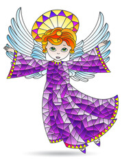 A stained glass illustration with a cute baby angel, an angel isolated on a white background