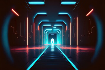 Tech concept artwork of an empty space with an endless pathway and blue neon lights. Generative AI