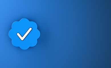 blue checkmark account verification on a blue background 3d rendering. Social media network subscription © amolyus