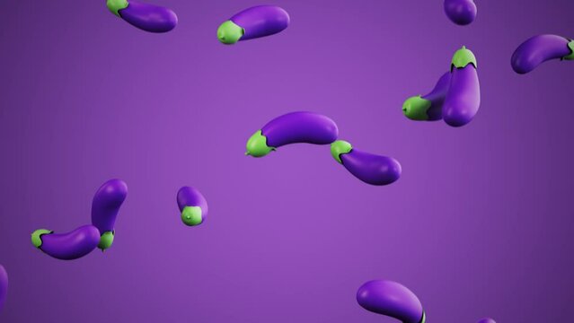 Eggplant emoji emoticon falling with purple background 3d loop animation