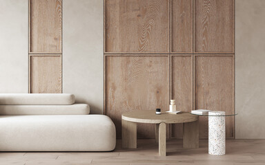 3d rendering close up modern living room with white sofa and coffee tables, decorative wall with wooden panels, wooden floor. Frame mockup. 3d rendering