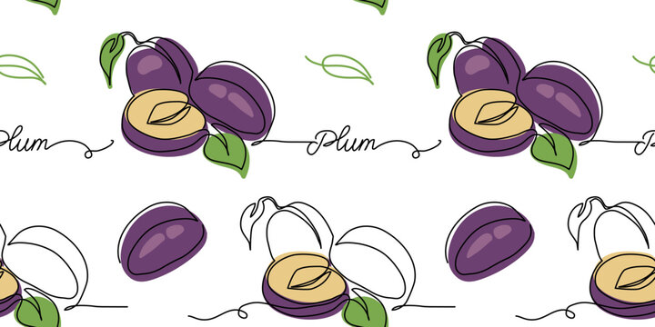 Plum vector pattern. One continuous line art drawing of plum pattern