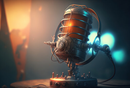 Studio microphone with background that is hazy and equipment in the background. Generative AI