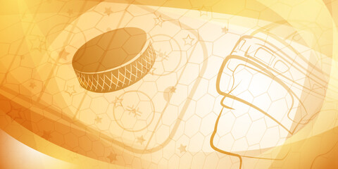 Abstract background in orange colors with different hockey symbols such as puck, stick, helmet, ice rink