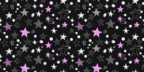 Fototapeta na wymiar White and pink stars. Seamless pattern with hand drawn casual stars. Vector decor and print, stylish design of seamless surfaces.
