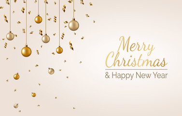 Merry Christmas and Happy New Year. Xmas Background design with realistic balls and glitter gold confetti. Christmas poster, holiday banner layout.