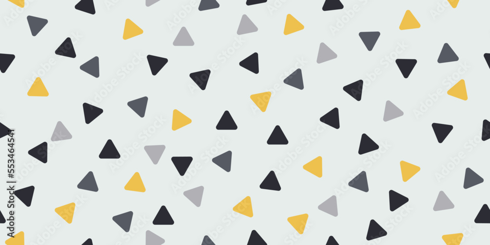 Poster black and yellow triangles on a white background. the triangles are randomly placed on the wallpaper