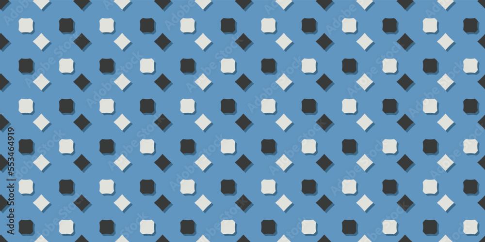 Poster white and black shapes on a blue background. squares and rhombuses are located on a blue canvas. vec