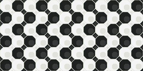 Black and white octagons. Vector decor and print, stylish design of seamless surfaces.