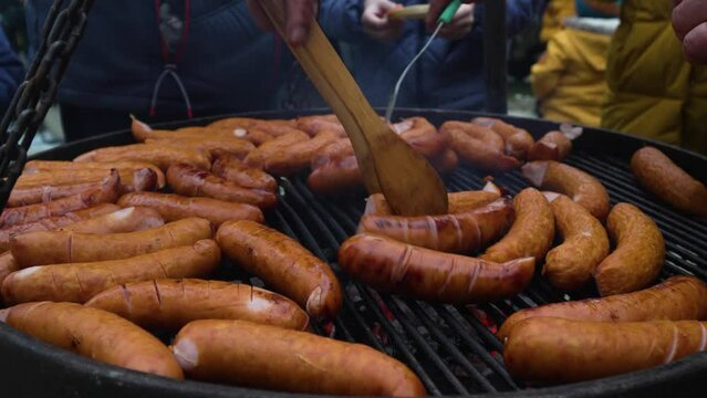 Grilling Polish sausage in winter