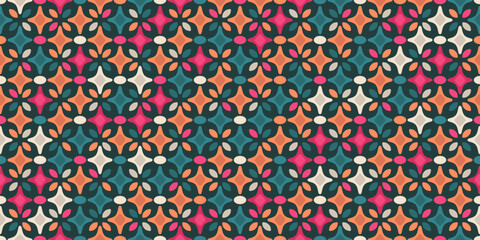 Obraz premium Colored petals and rhombuses. The geometric arrangement of the four petals creates a multicolored texture. Vector decor and print, stylish design of seamless surfaces.