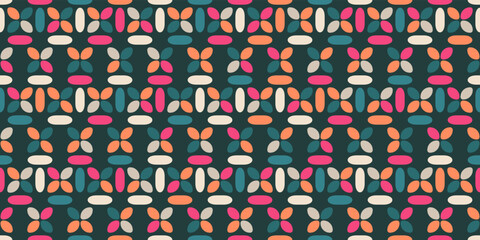 Colored petals and sticks. The geometric arrangement of the four petals creates a multicolored texture. Vector decor and print, stylish design of seamless surfaces.