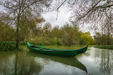 Boat on the river in the flooded plains of Ribatejo - Portugal