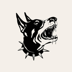 Portrait of a Doberman dog. Black dog's head. Barking dog with spiked collar. Hand drawn modern isolated Vector illustration. Tattoo idea, t-shirt print, dog training logo template