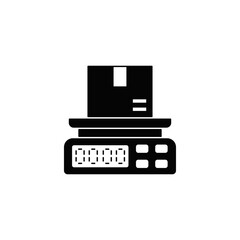 Weighing of postal parcel icon in black flat glyph, filled style isolated on white background