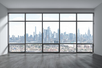 Downtown New York Manhattan City Skyline Buildings from High Rise Window. Beautiful Expensive Real Estate overlooking. Empty room Interior Skyscrapers View Cityscape. Day time. Midtown 3d rendering.