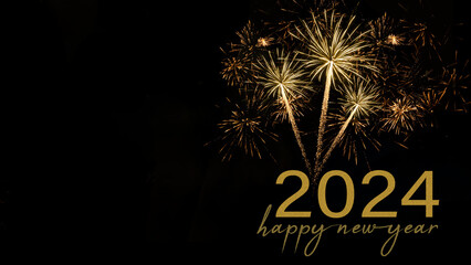 Happy new year 2024, Sylvester, new year's eve background banner holiday greeting card - Golden firework fireworks real pyrotechnics on dark black night sky