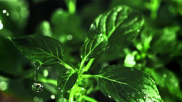 Raindrops fall on mint leaves. Filmed is slow motion 1000 fps. High quality FullHD footage