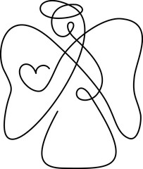 Simple vector Christmas angel with heart, continuous one line drawing, print for clothes and logo design, emblem or silhouette one single line, isolated abstract illustration