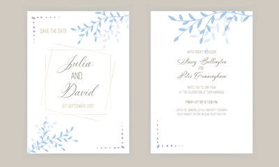 watercolor blue wedding invitation vector set
