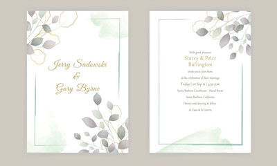watercolor green wedding invitation vector set
