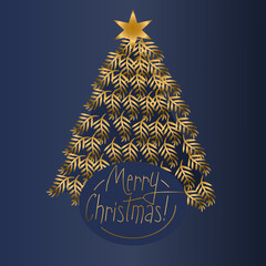 Merry Christmas greetings with Christmas tree in navy blue and gold