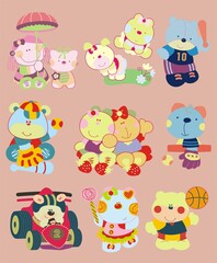 bear, baseball, racer, cat, set of drawings of animals for children's and baby making, art for making, drawings of animals, colorful animals,