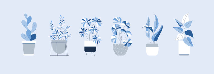 Home plants in ceramic pots on stand. Isolated template of cactus, zamioculcas, ficus in flat style with outline for interior design, coziness. Botanical vector illustration with branches, leaves