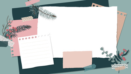 Scrapbook composition with notes paper, tapes, flowers elements and spruce branches. Page for stories in winter style