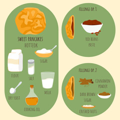 Korean sweet pancakes hotteok dough and fillings recipe with ingredients. Traditional asian street snack. Cute hand drawn doodle. Vector illustration.