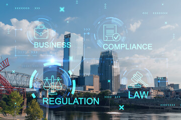 Panoramic skyline view of Broadway district of Nashville over Cumberland River at day time, Tennessee, USA. Glowing hologram of legal icons. The concept of law, order, regulations and digital justice