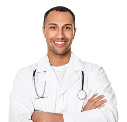 Fototapeta premium Doctor or medical assistant (male nurse) in uniform with stethoscope on white background