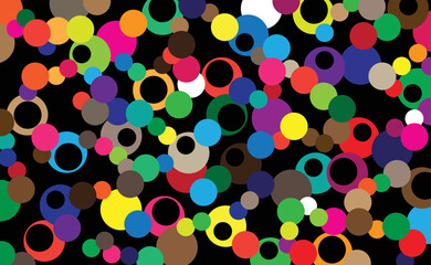 Multi-colored circles superimposed on a black background.