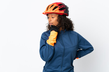 Teenager cyclist woman isolated on white background looking to the side and smiling - obrazy, fototapety, plakaty