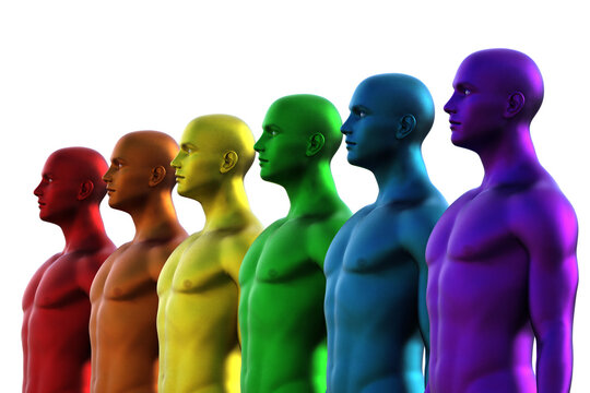 3D rendering. Row of multicolored bald men on white background. 