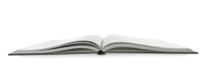 Open book with hard cover on white background