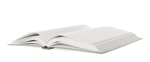 Open book with hard cover on white background